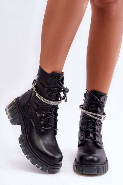 Fashionable Workers Boots With Chain Black Solesso