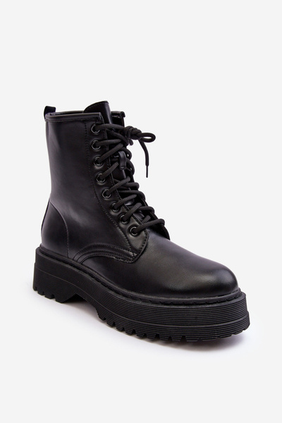 Női fűzős bokacsizma vastag talppal, fekete Biancis