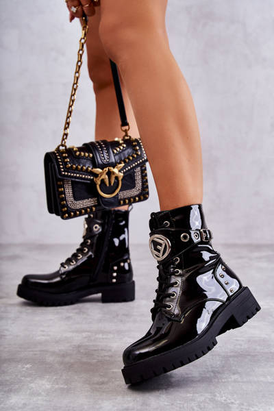 Bottines Laquées Pour Femmes À Clous Noir Leticia