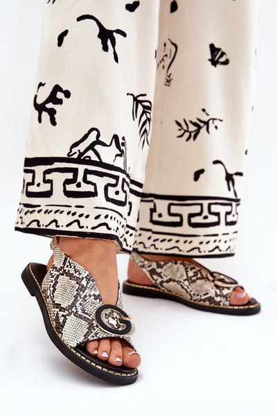 Flat Sandals With Decoration Snake Pattern Beige-Brown Haliones