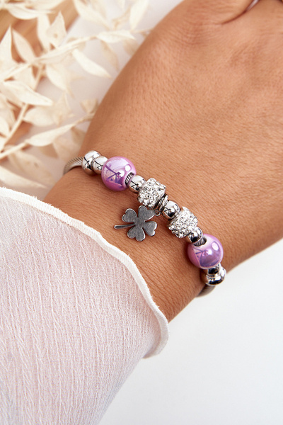 Bracelet Acier Avec Breloques Trèfle Clover Argent-Violet