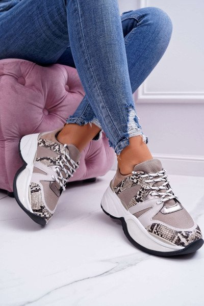 Chaussures de sport pour femmes en cuir de serpent beige Larey