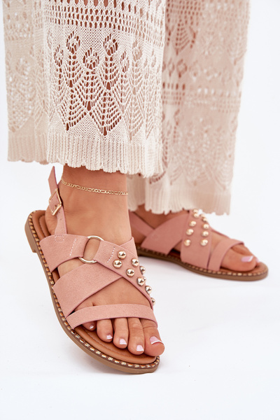 Damen Sandalen Mit Flachem Absatz Und Goldenen Nieten Rosa Zanira