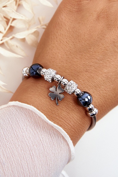 Bracelet Acier Avec Breloques Trèfle Clover Argent-Noir