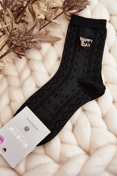 Damen Gemusterte Socken mit Schrift und Bär Schwarz