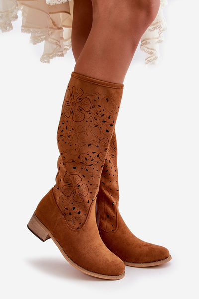 Bottes découpées à talon bas pour femme en faux suède avec fermeture éclair Orchidées Camel