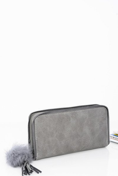 Porte-clés Femme Grand Portefeuille Gris Serrure Ornementale Pompon