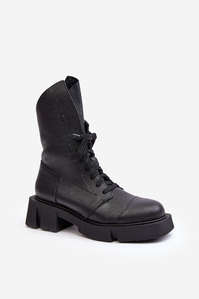 Damen Lederstiefel Arbeiter Auf Massiver Flacher Ferse Zazoo 976A Schwarz
