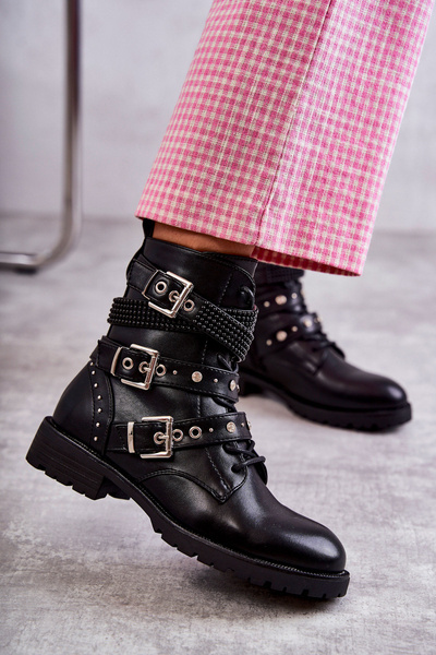 Bottines En Cuir Pour Femme À Rayures Décoratives Noir Russo