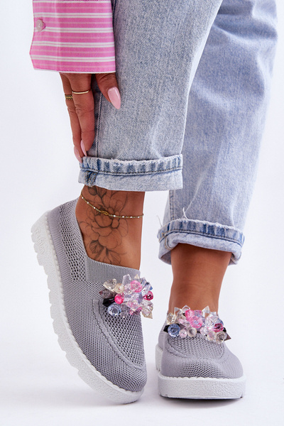 Baskets à enfiler pour femmes avec pierres gris simple