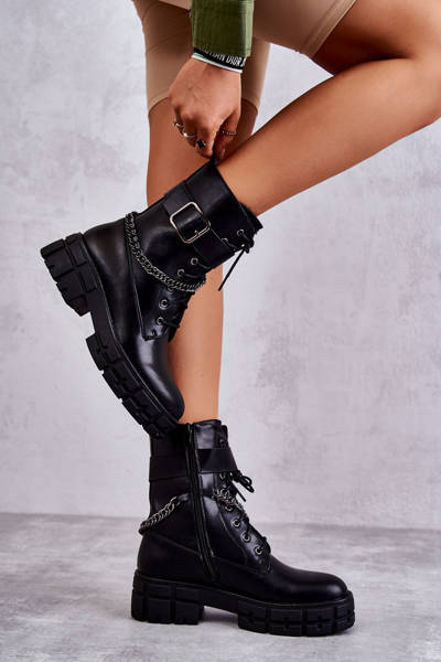Fashionable Workers Boots With Chain Black Solesso