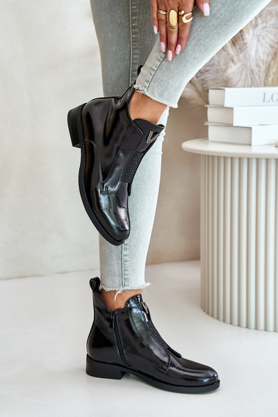 Bottines Basses Laquées Femme Talon Plat Isolées Noir S.Barski HY42-120 Noir