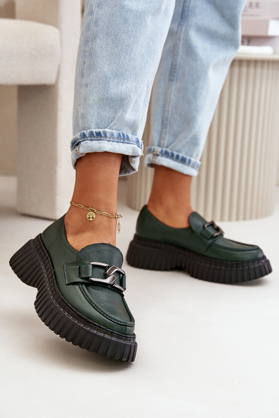 Zazoo 20176 Mocassins Femme Cuir Naturel Vert Foncé