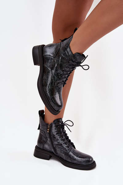 Bottes en cuir verni pour femmes à talon bloc D&A LZ52-954 Bleu marine