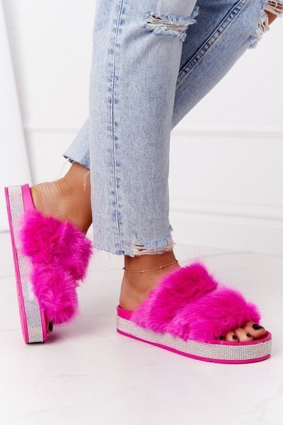 Papucii de platformă cu blană și zirconiu cubic fuchsia wow!