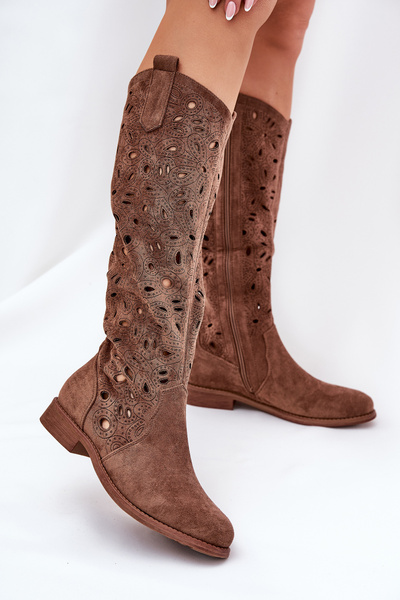 Bottes Ajourées À Talon Plat Marron HY51-176