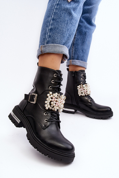 Bottes de travail doublées pour femmes décorées noires Venizi