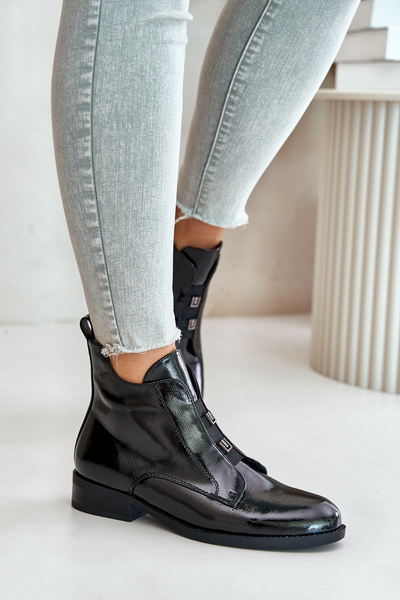 Bottines Laquées Avec Fermeture Éclair Talon Plat Isolé S.Barski HY42-717 Noir