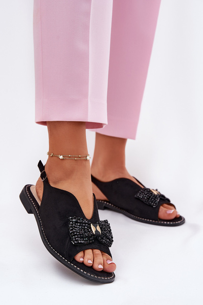 Damen Sandalen Mit Schleife Auf Flachem Absatz S.Barski KV51-014 Schwarz