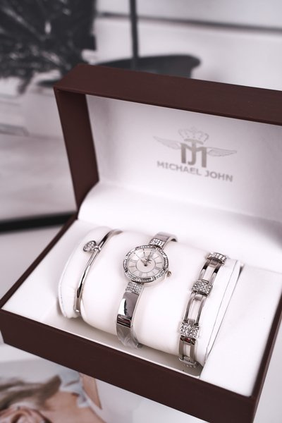 Damenuhr und zwei Armbänder Set Michael John Silver
