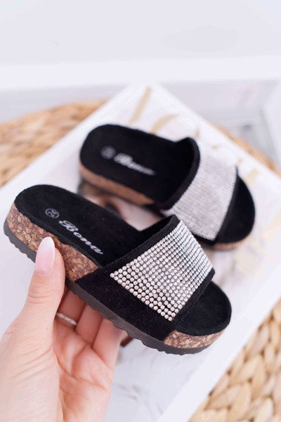 Kids Black Flip Flops On Cork Crystals Malena