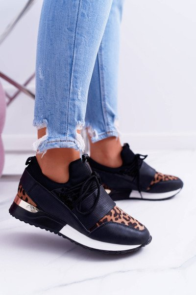 Pantofi negri pentru femei sportiv leopard mototolit ELANCO