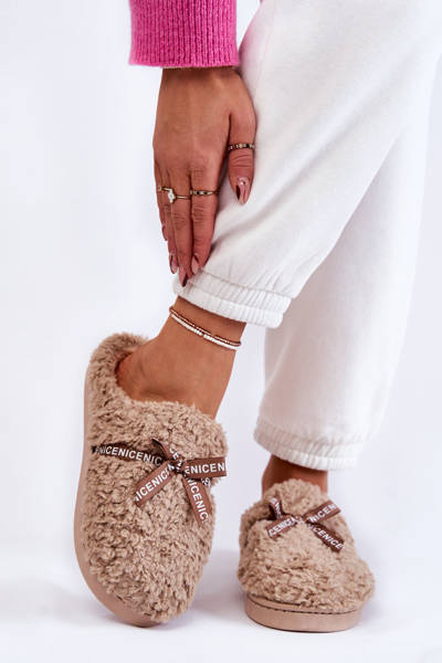 Damen Pelzhausschuhe mit Schleife Beige Ryana