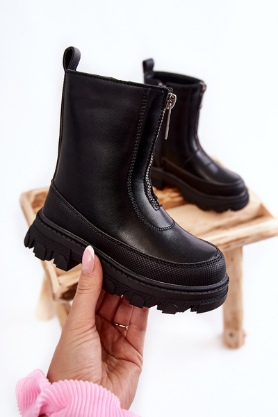 Cizme la modă din piele înaltă cu fermoar negru cu fermoar