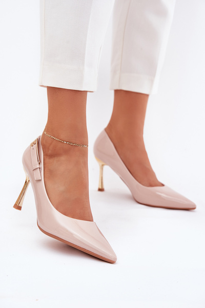 Lacquered High Heels With Gold Buckle Beige Mivira
