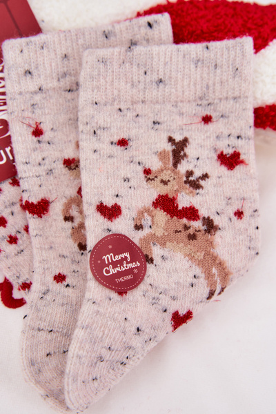 Chaussettes De Noël Pour Femmes Avec Renne Et Cœurs Laine Alpaga Grise