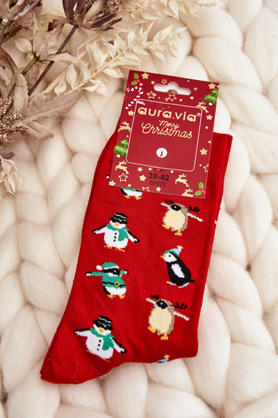 Vyriškos kalėdinės medvilninės kojinės su „Penguins Red“.