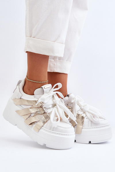 Adidasi cu platforma din piele alb-auriu Zazoo 2F-7033
