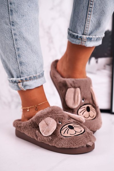 Pantoufles de souris à fourrure pour femmes, Beige Home Sweet Home