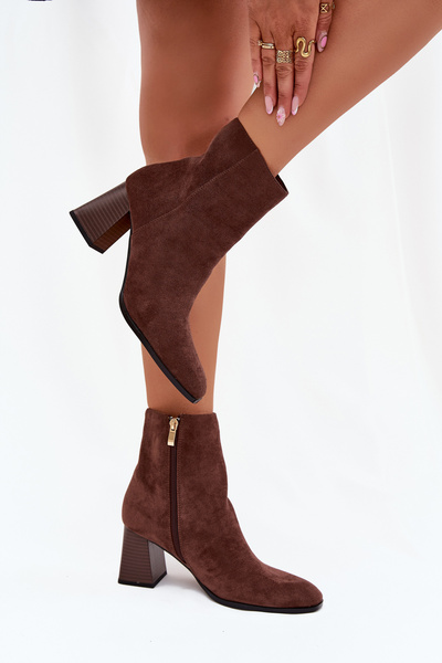 Botine Dama Din Ecologic Suede Cu Toc Fermuar Maro Zelita