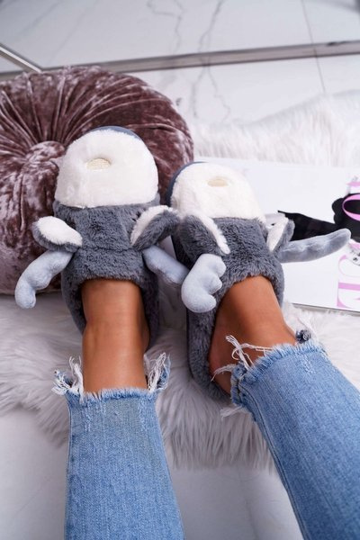 Pelzige Rentier-Pantoffeln für Damen Grau Deff