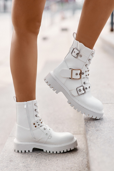 Bottines Travailleurs En Cuir Eco Avec Boucles Blanc Serizia