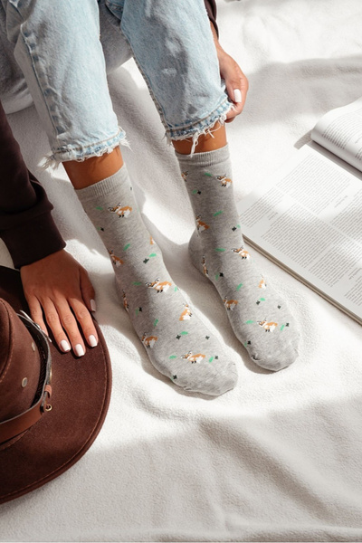 Chaussettes Femmes Avec Renards Et Feuilles Gris Mélange