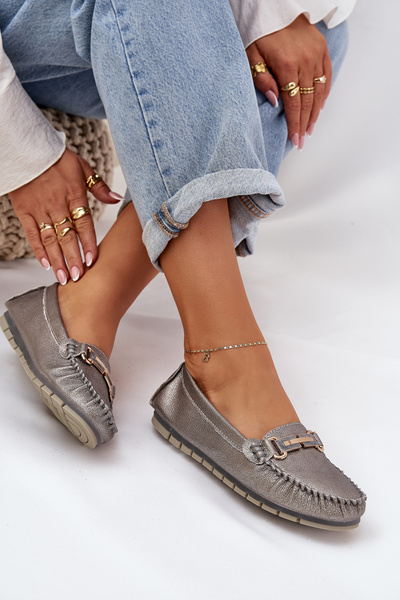Mocassins Plat En Cuir Naturel Pailletés D&A LR51-546 Argent