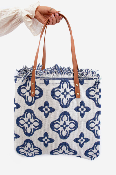 Gemusterte große gewebte Strandtasche weiß Sadhara