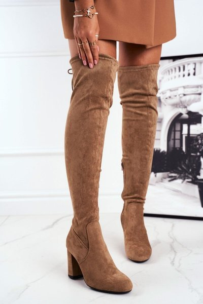 Cizme înalte pentru femei din piele de căprioară bej highso