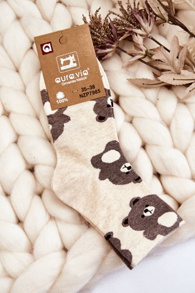 Chaussettes rigolotes pour femmes motif animal ours beige