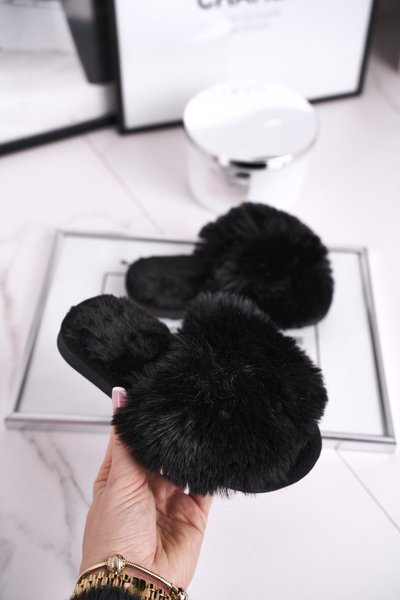 Chaussons Enfants avec Fourrure Boule de Neige Noire