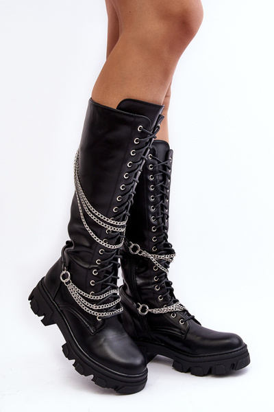 Damen-Lederstiefel Mit Ketten Schwarz Lannera