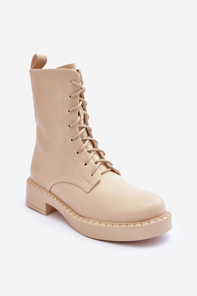 Bottines En Cuir Mocassins Talon Plat Beige Clair Aganne