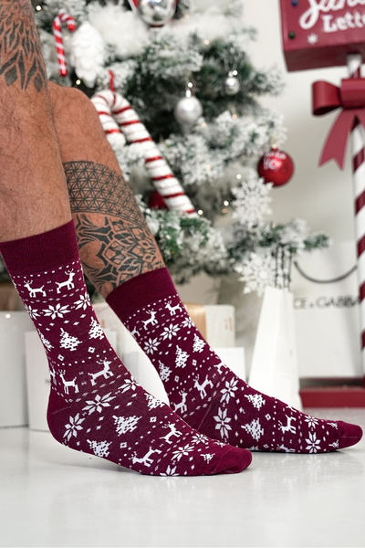 Chaussettes de Noël pour Hommes Motif Norvégien Bordeaux
