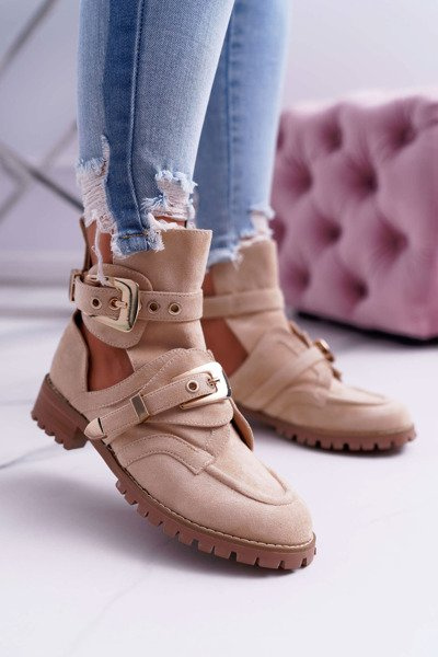 Lu Boo Bottines En Daim Beige Avec Découpes Rock Girl