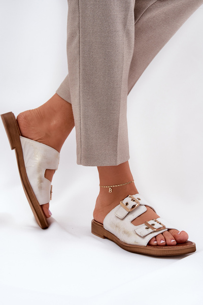 Sandales Plates En Cuir Avec Boucles Zazoo 3020 Or Usé