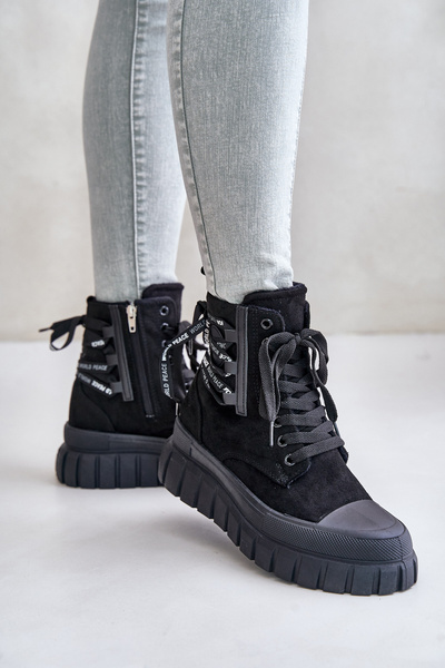 Damen Plattformstiefel Mit Dekorativem Schnürsenkel Schwarz Edidda