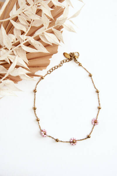 Bracelet De Cheville Avec Fleurs Roses Or