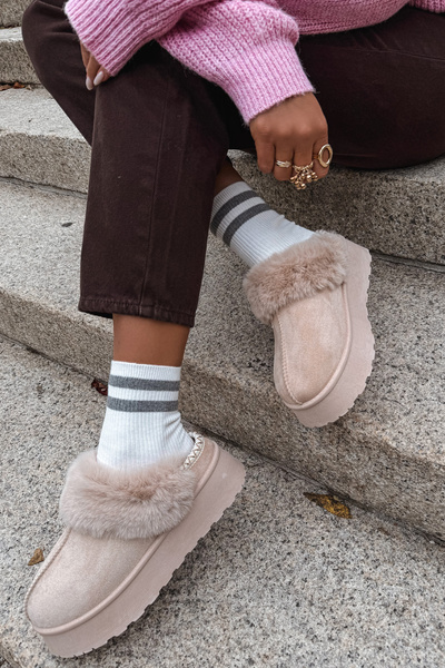 Bottes de Neige Femmes Sur Plateforme Avec Fourrure Et Boucle Beige Querina